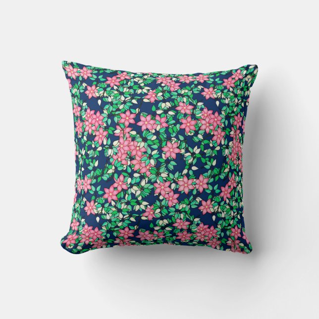 Pink flowers, dark blue background throw pillow (Front)