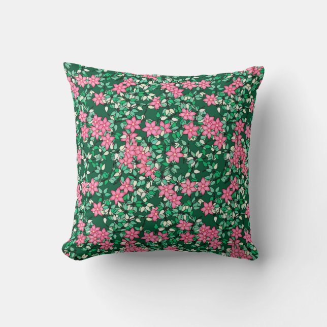 Pink flowers, dark green background throw pillow (Front)