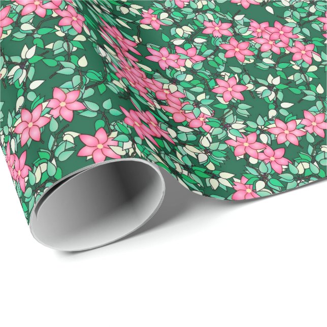 Pink flowers, dark green background wrapping paper (Roll Corner)