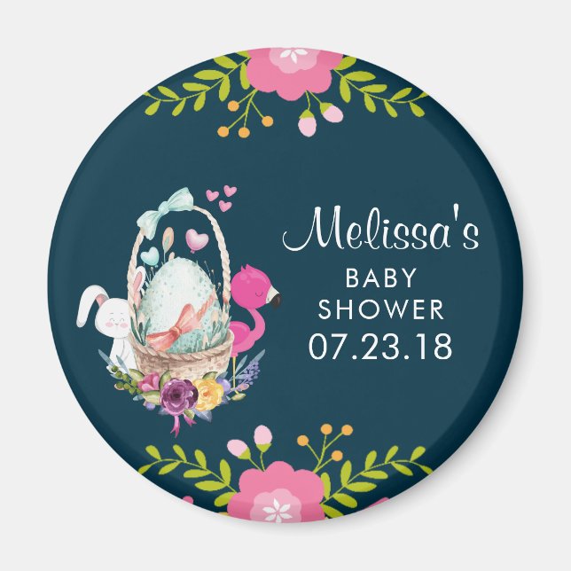 Pink Flowers, Egg, Flamingo & Bunny Baby Shower Magnet (Front)