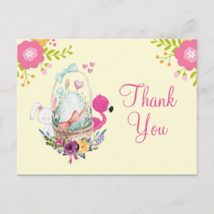 Pink Flowers, Egg, Flamingo & Bunny Party Thanks Postcard