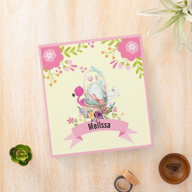 Pink Flowers, Egg, Flamingo & Bunny Watercolor Binder (In Situ)