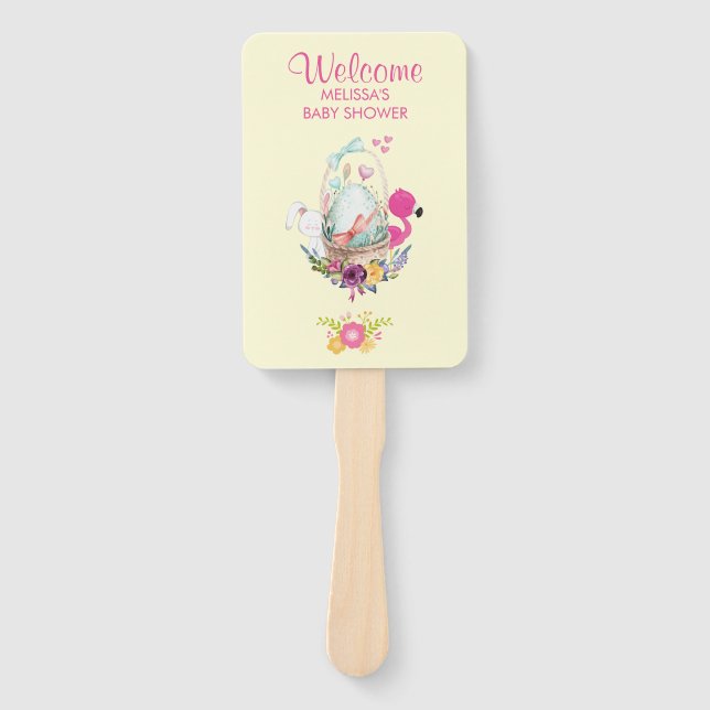 Pink Flowers, Egg, Flamingo & Bunny Watercolor Hand Fan (Front)