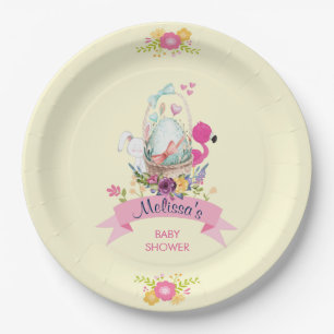 Pink Flowers, Egg, Flamingo & Bunny Watercolor Paper Plate