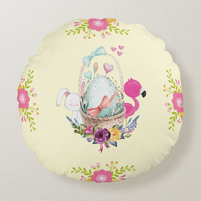 Pink Flowers, Egg, Flamingo & Bunny Watercolor Round Pillow (Front)