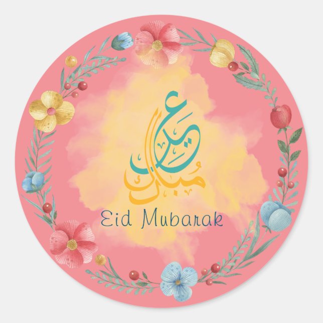 Pink Flowers Eid Mubarak Round Sticker (Front)