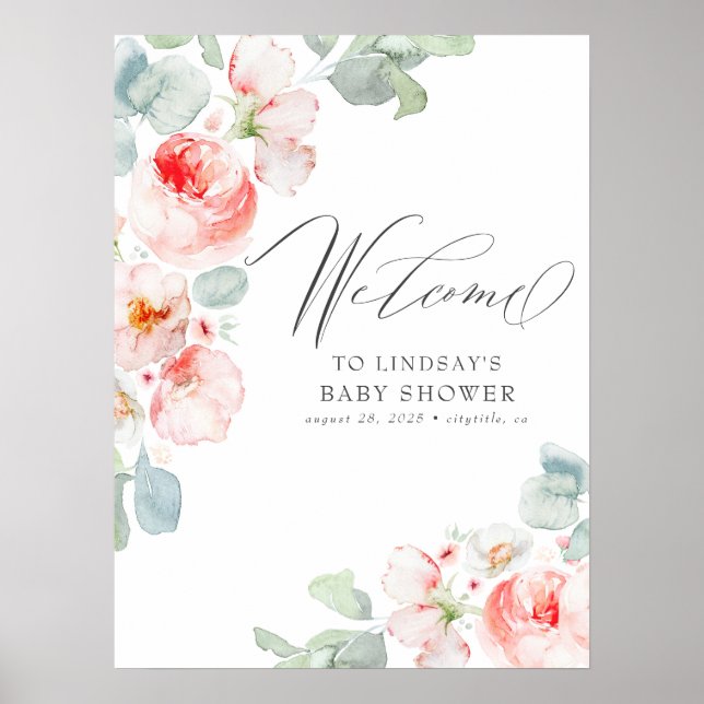 Pink Flowers Elegant Baby Shower Welcome Sign (Front)