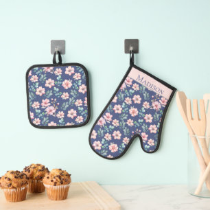 Pink Flowers Elegant Pattern Oven Mitt & Pot Holder Set