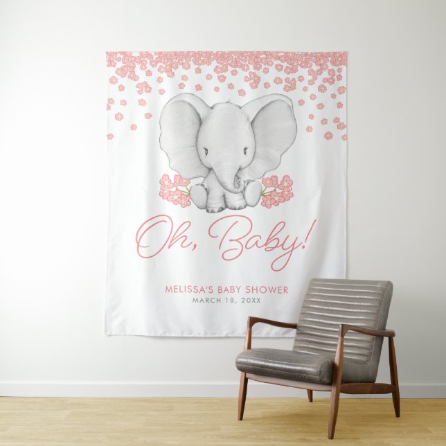 Pink Flowers Elephant Girl Baby Shower Backdrop Tapestry (In Situ)