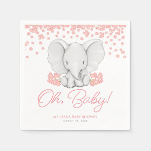 Pink Flowers Elephant Girl Baby Shower Napkin