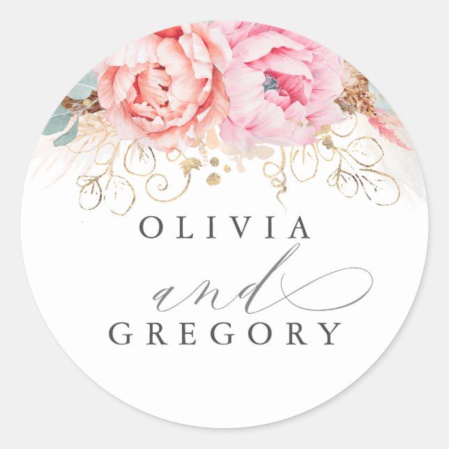 Pink Flowers Eucalyptus Leaves and Pampas Grass Classic Round Sticker (Front)