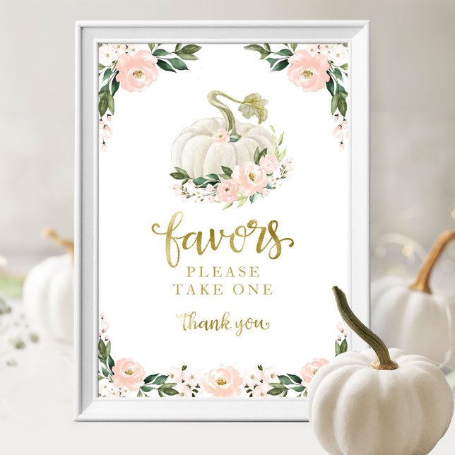 Pink Flowers Fall Pumpkin Baby Shower Favors Sign (Creator Uploaded)