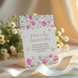 Pink Flowers Favourite Family Traditions Game Pedestal Sign
