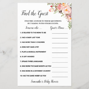 Pink Flowers Find the Guest Baby Shower Game Card