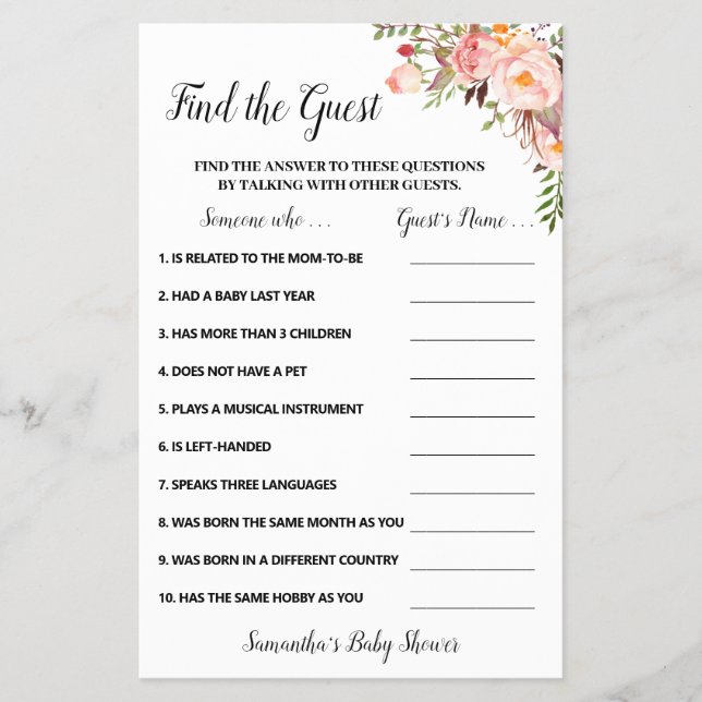 Pink Flowers Find the Guest Baby Shower Game Card (Front)