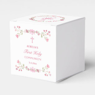 Pink Flowers First Communion Cube Favor Box