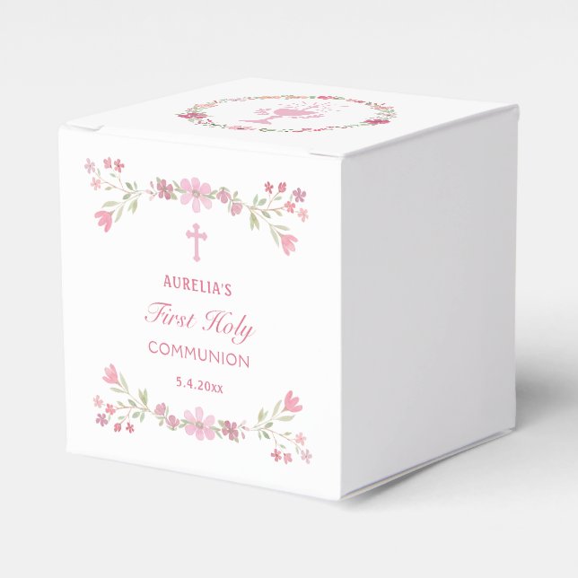 Pink Flowers First Communion Cube Favor Box (Front Side)
