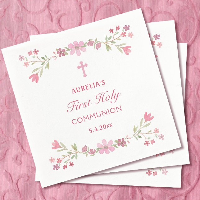 Pink Flowers First Communion Napkin (Creator Uploaded)