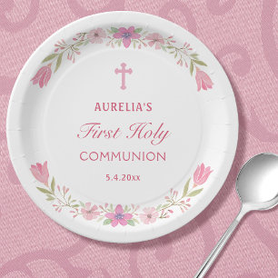 Pink Flowers First Communion Round Paper Plate