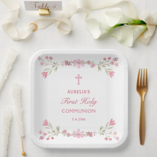 Pink Flowers First Communion Square Paper Plate
