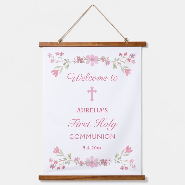 Pink Flowers First Communion Welcome Hanging Tapestry (Front)