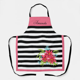 pink flowers floral black white striped apron