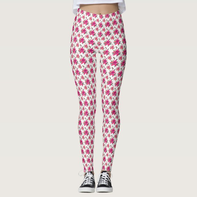 Pink Flowers Floral Pattern Design Leggings (Front)