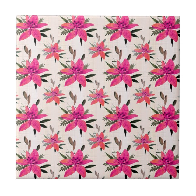 Pink Flowers Floral Pattern Design Tile (Front)