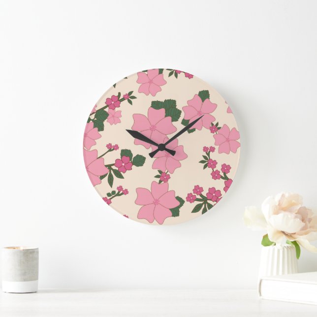 Pink Flowers, Floral Pattern, Pattern Of Flowers Large Clock (Home)