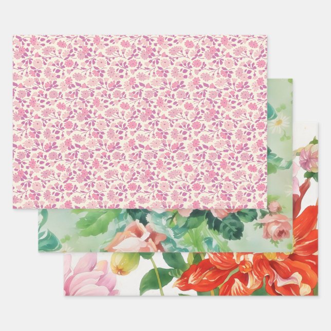 Pink Flowers Floral Vintage Style Wrapping Paper (Set)