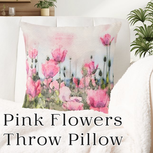 Pink Flowers Floral Watercolor Throw Pillow (Pink Flowers Floral Watercolor Throw Pillow)