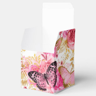 Pink Flowers Flying Butterfly Golden Accents Favor Box