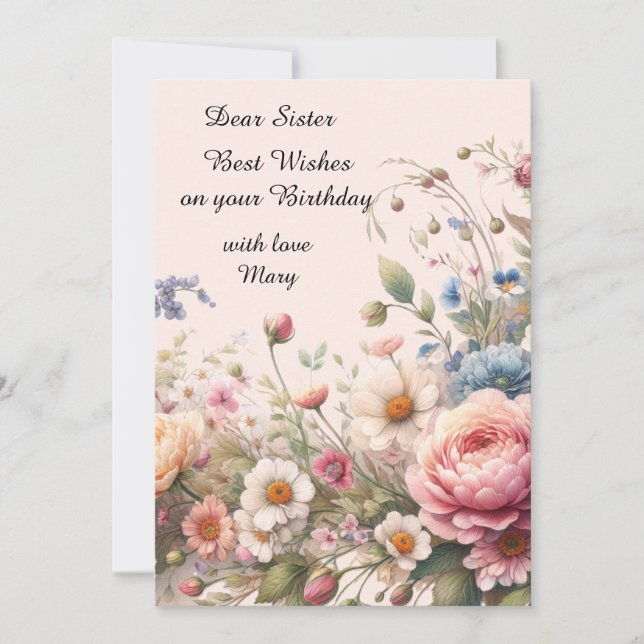 Pink Flowers For Sister Birthday Flat Card (Front)