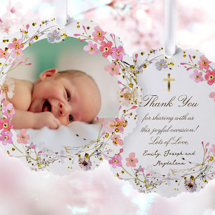 pink flowers frame Baptism thank you  Ornament Card