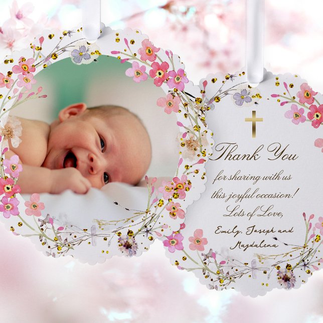pink flowers frame Baptism thank you  Ornament Card (Creator Uploaded)