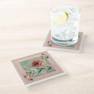 Pink Flowers French Decor Vintage Glass Coaster