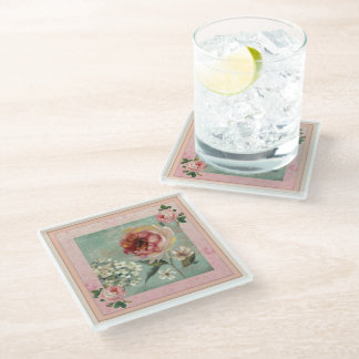 Pink Flowers French Decor Vintage Glass Coaster