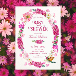 Pink flowers garden baby shower invitation
