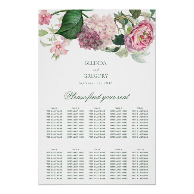 Pink Flowers Garden Wedding Seating Chart (Front)