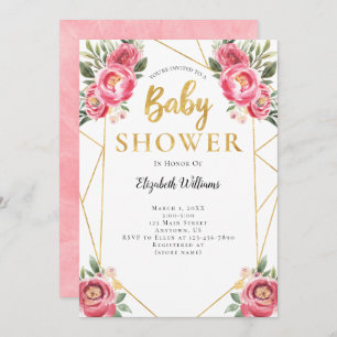 Pink Flowers Geometric Frame Baby Shower Invitation