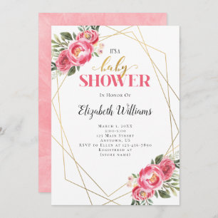 Pink Flowers Geometric Frame Baby Shower Invitation