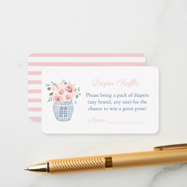 Pink Flowers Ginger Jar Diaper Raffle Baby Shower Enclosure Card (Front/Back In Situ)