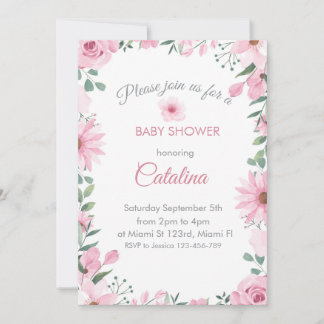 Pink flowers Girl Baby Shower Invitation