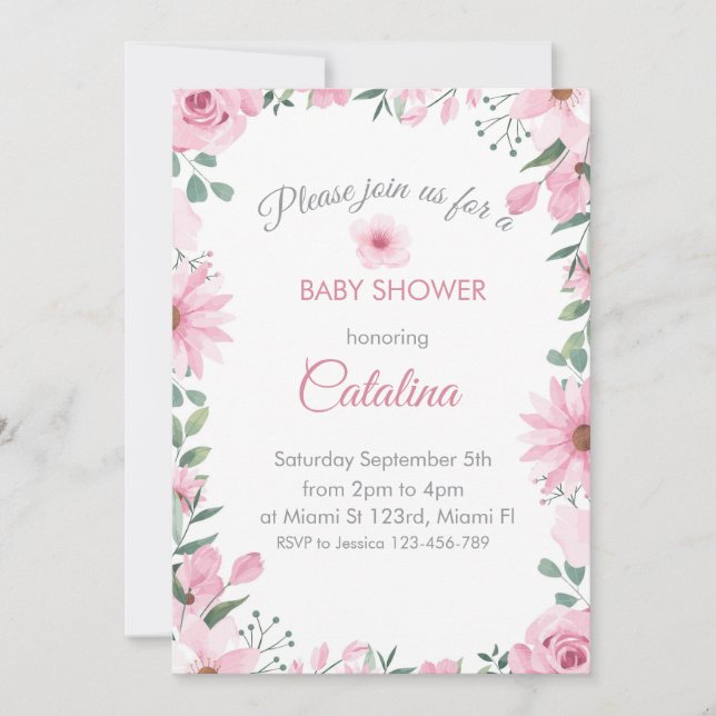 Pink flowers Girl Baby Shower Invitation (Front)