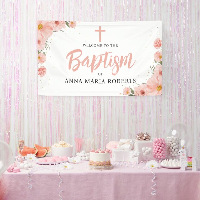  Pink Flowers Girl Baptism Welcome Banner (Party)