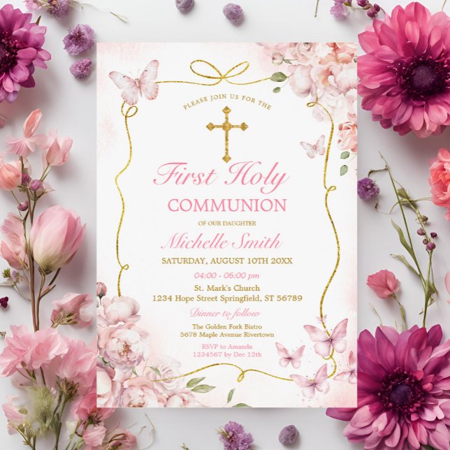 Pink Flowers Girl Butterfly First Holy Communion Invitation (Creator Uploaded)