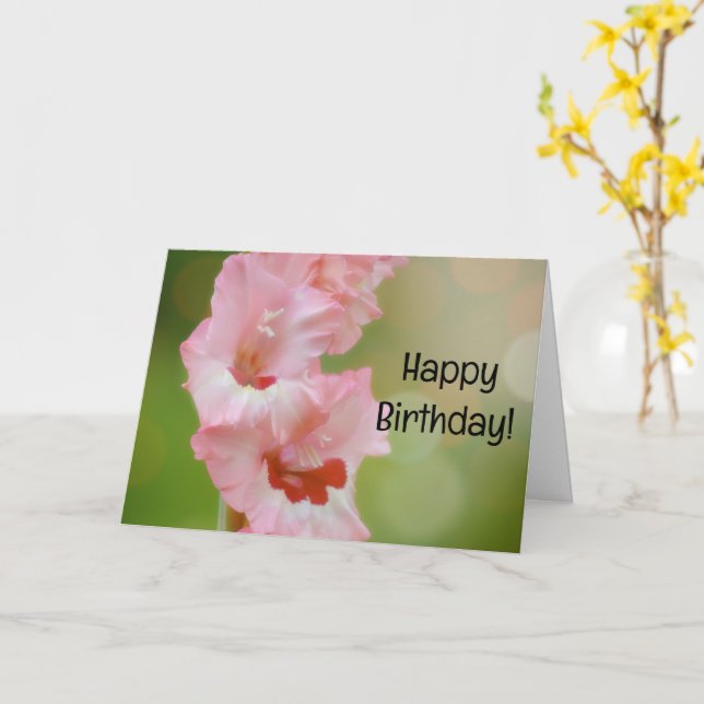 Pink Flowers Gladiolus Garden Birthday Card (Yellow Flower)