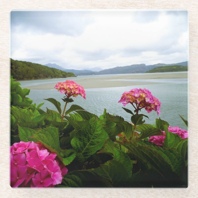 Pink flowers glass coaster (Front)