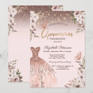 Pink Flowers Glitter Butterflies Dress Quinceañera Invitation