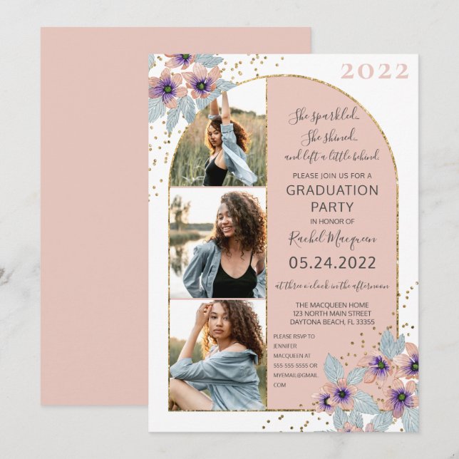 Pink Flowers Glitter Confetti Photo Graduation Invitation (Front/Back)